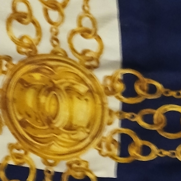 Authentic CHANEL Navy/White Coco Mark Gold Chain Pattern Silk Scarf - Picture 5 of 15